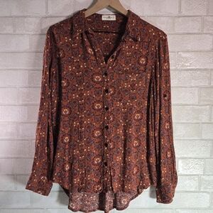 Natural Life Women's Button-Down Floral Boho Shirt Blouse Rust Small